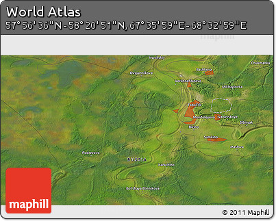 Satellite 3D Map of the Area around 58° 8' 44" N, 68° 4' 29" E