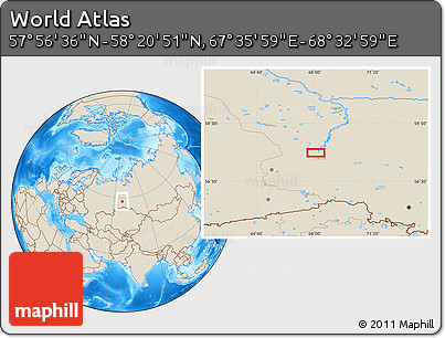 Shaded Relief Location Map of the Area around 58° 8' 44" N, 68° 4' 29" E