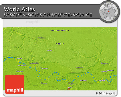 Physical 3D Map of the Area around 58° 8' 44" N, 68° 55' 30" E