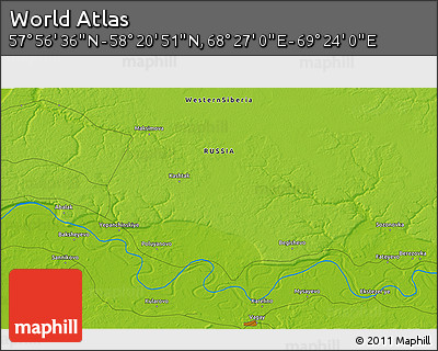 Physical 3D Map of the Area around 58° 8' 44" N, 68° 55' 30" E