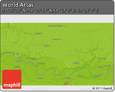 Physical 3D Map of the Area around 58° 8' 44" N, 68° 55' 30" E