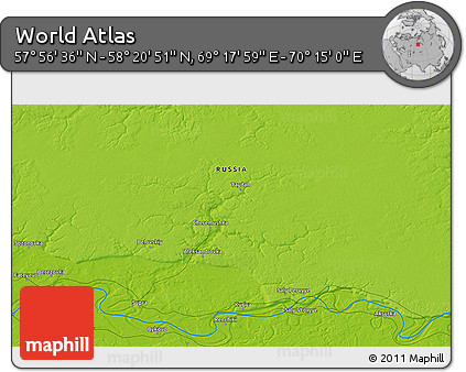 Physical 3D Map of the Area around 58° 8' 44" N, 69° 46' 30" E