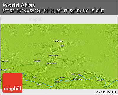 Physical 3D Map of the Area around 58° 8' 44" N, 69° 46' 30" E