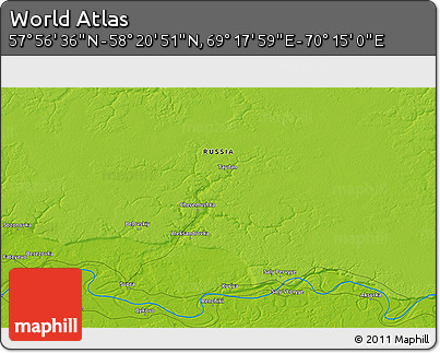 Physical 3D Map of the Area around 58° 8' 44" N, 69° 46' 30" E