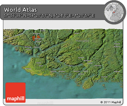 Satellite 3D Map of the Area around 58° 8' 44" N, 6° 52' 30" E