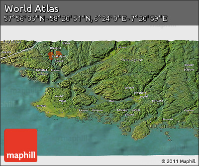 Satellite 3D Map of the Area around 58° 8' 44" N, 6° 52' 30" E