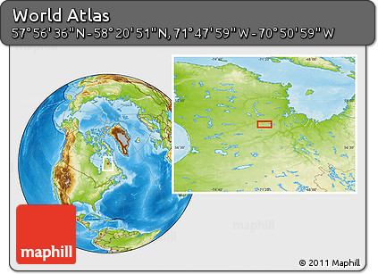 Physical Location Map of the Area around 58° 8' 44" N, 71° 19' 29" W
