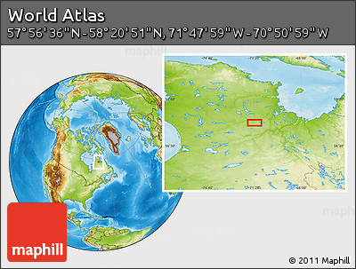 Physical Location Map of the Area around 58° 8' 44" N, 71° 19' 29" W