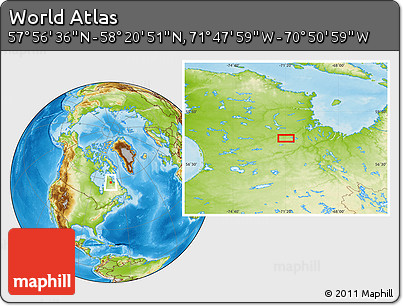 Physical Location Map of the Area around 58° 8' 44" N, 71° 19' 29" W
