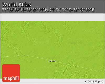 Physical 3D Map of the Area around 58° 8' 44" N, 72° 19' 29" E