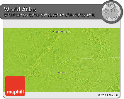 Physical 3D Map of the Area around 58° 8' 44" N, 73° 10' 30" E