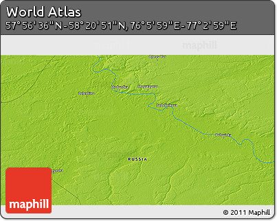 Physical 3D Map of the Area around 58° 8' 44" N, 76° 34' 29" E