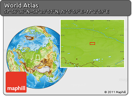 Physical Location Map of the Area around 58° 8' 44" N, 76° 34' 29" E