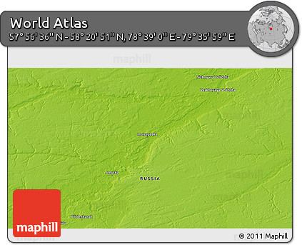Physical 3D Map of the Area around 58° 8' 44" N, 79° 7' 30" E