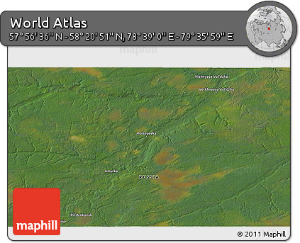 Satellite 3D Map of the Area around 58° 8' 44" N, 79° 7' 30" E