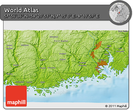 Physical 3D Map of the Area around 58° 8' 44" N, 7° 43' 29" E