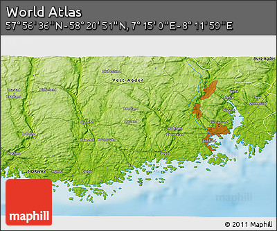 Physical 3D Map of the Area around 58° 8' 44" N, 7° 43' 29" E