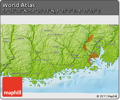 Physical 3D Map of the Area around 58° 8' 44" N, 7° 43' 29" E