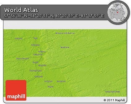 Physical 3D Map of the Area around 58° 8' 44" N, 80° 49' 29" E