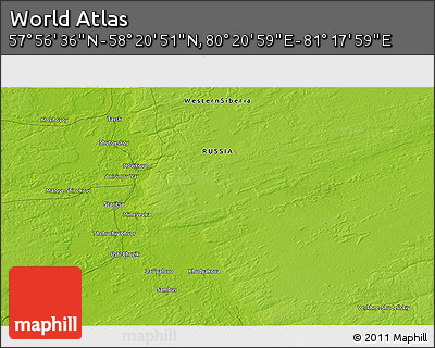 Physical 3D Map of the Area around 58° 8' 44" N, 80° 49' 29" E