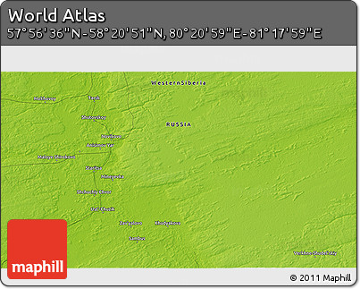 Physical 3D Map of the Area around 58° 8' 44" N, 80° 49' 29" E