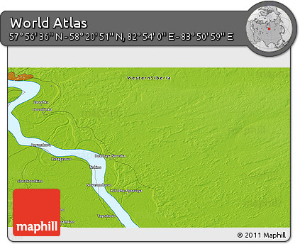 Physical 3D Map of the Area around 58° 8' 44" N, 83° 22' 30" E