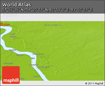 Physical 3D Map of the Area around 58° 8' 44" N, 83° 22' 30" E