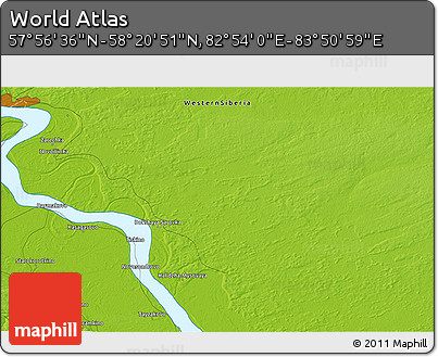 Physical 3D Map of the Area around 58° 8' 44" N, 83° 22' 30" E