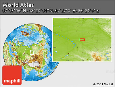 Physical Location Map of the Area around 58° 8' 44" N, 85° 55' 30" E