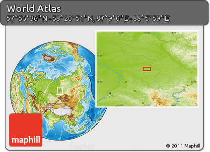 Physical Location Map of the Area around 58° 8' 44" N, 87° 37' 30" E