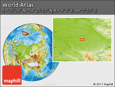 Physical Location Map of the Area around 58° 8' 44" N, 87° 37' 30" E
