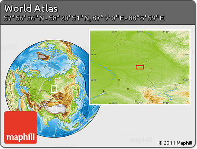 Physical Location Map of the Area around 58° 8' 44" N, 87° 37' 30" E