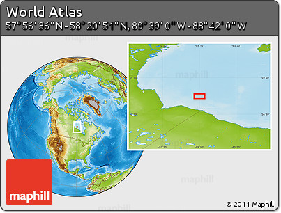 Physical Location Map of the Area around 58° 8' 44" N, 89° 10' 30" W