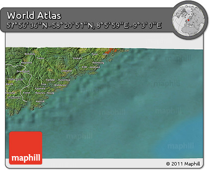 Satellite 3D Map of the Area around 58° 8' 44" N, 8° 34' 29" E