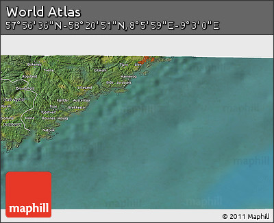 Satellite 3D Map of the Area around 58° 8' 44" N, 8° 34' 29" E