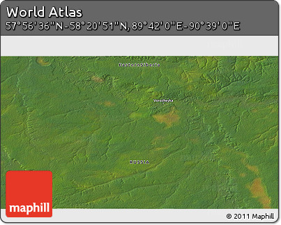 Satellite 3D Map of the Area around 58° 8' 44" N, 90° 10' 30" E