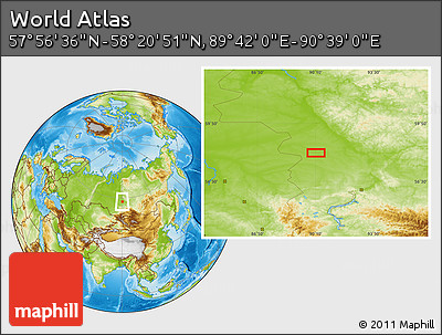 Physical Location Map of the Area around 58° 8' 44" N, 90° 10' 30" E