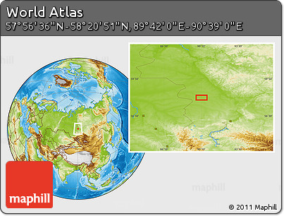 Physical Location Map of the Area around 58° 8' 44" N, 90° 10' 30" E