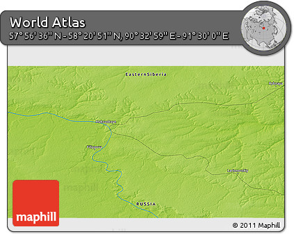 Physical 3D Map of the Area around 58° 8' 44" N, 91° 1' 30" E