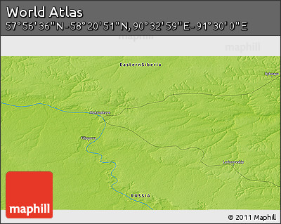 Physical 3D Map of the Area around 58° 8' 44" N, 91° 1' 30" E
