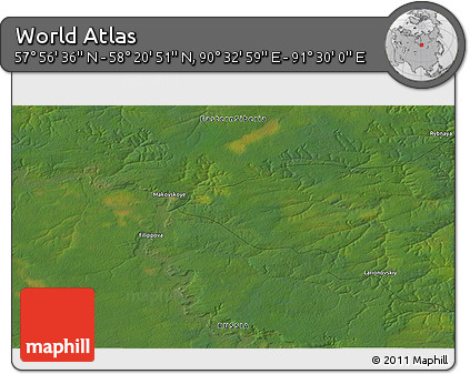 Satellite 3D Map of the Area around 58° 8' 44" N, 91° 1' 30" E