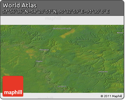 Satellite 3D Map of the Area around 58° 8' 44" N, 91° 1' 30" E