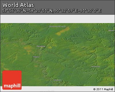 Satellite 3D Map of the Area around 58° 8' 44" N, 91° 1' 30" E