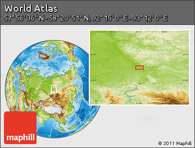 Physical Location Map of the Area around 58° 8' 44" N, 92° 43' 29" E