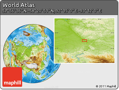 Physical Location Map of the Area around 58° 8' 44" N, 92° 43' 29" E
