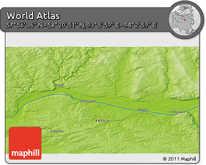 Physical 3D Map of the Area around 58° 8' 44" N, 93° 34' 29" E