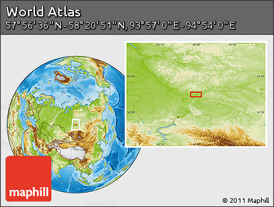 Physical Location Map of the Area around 58° 8' 44" N, 94° 25' 30" E