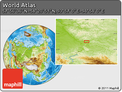 Physical Location Map of the Area around 58° 8' 44" N, 94° 25' 30" E