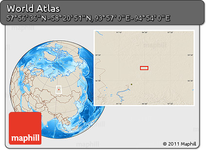 Shaded Relief Location Map of the Area around 58° 8' 44" N, 94° 25' 30" E