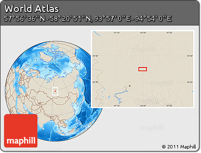 Shaded Relief Location Map of the Area around 58° 8' 44" N, 94° 25' 30" E